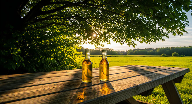Two glass bottles of liquid on a wooden picnic table in a sunny field with sunlight, beverage