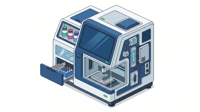 Flat isometric advanced DNA sequencer machine isolated on white