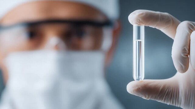 Examining Science Solution: A gloved scientist meticulously examines a transparent test tube filled with liquid, emphasizing scientific analysis and the essence of experimentation.