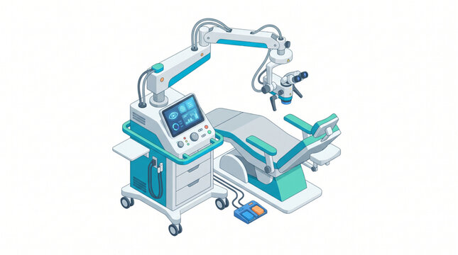 Flat isometric LASIK laser eye surgery equipment isolated on white
