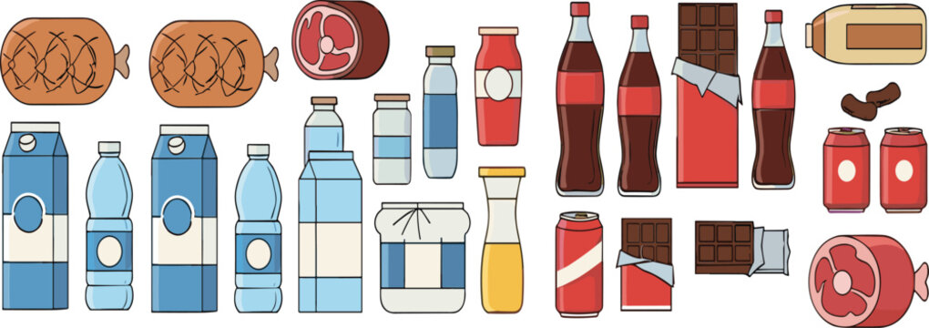 Packaged food and beverage vector set featuring milk cartons, soda bottles, chocolate bars, canned drinks and meat products in flat style