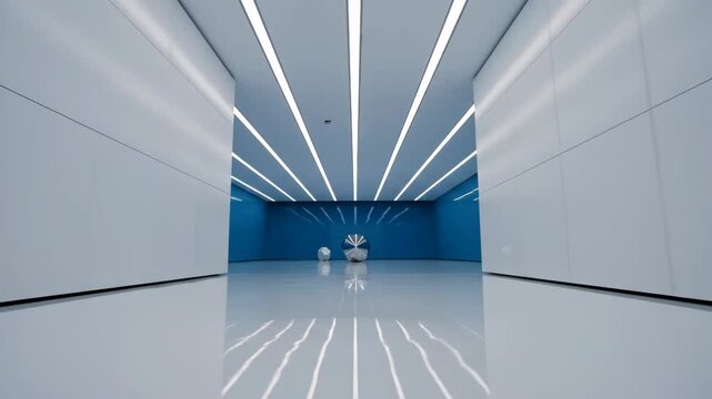 Modern minimalist interior corridor with white and blue walls, linear ceiling lights, and a reflective glossy floor leading to a metallic geometric sculpture in the distance.