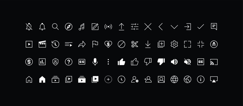 Media player icon set. Video platform symbols, playback controls, captions, notifications, analytics, creator tools and streaming interface elements. Binge watch, influencer website UI app symbol