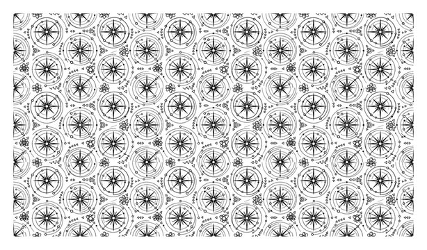 Geometric star pattern with circular sun symbols in minimal line art style