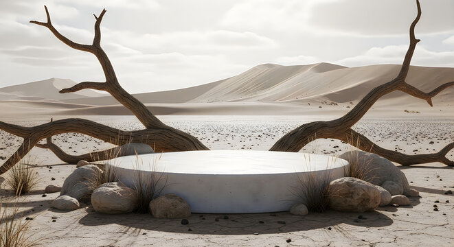 Barren desert landscape with dead trees and circular platform cracked earth sand dunes wasteland