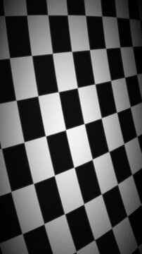 Black and white checkered pattern with a distorted perspective creating an optical illusion and a retro geometric background texture