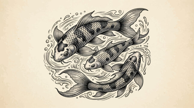 Koi Fish, Japanese Tattoo, Black and White, Vector Illustration, Water Waves