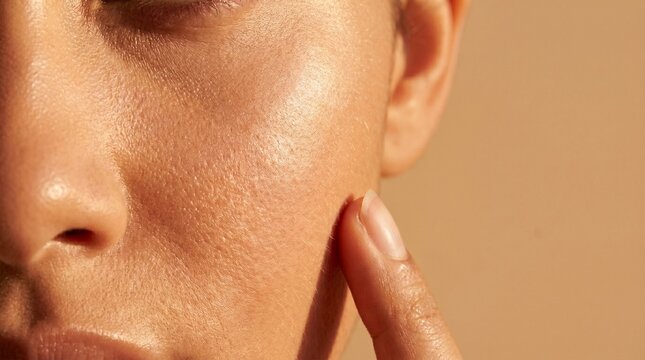 Close-up of a person's skin texture with a finger gently touching the cheek