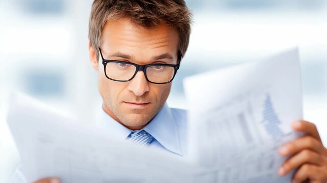 Focused Analysis: A sharp businessman, absorbed in the analysis of reports. Capturing intellect, concentration and the pursuit of knowledge.