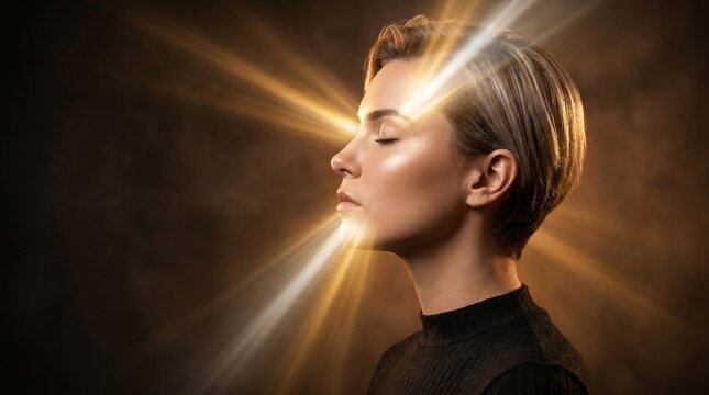 Woman meditating with light rays emanating from her forehead and throat