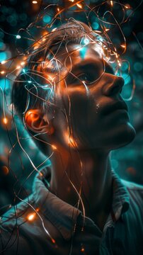 A man with glowing strands of light around his head visualises a flow of ideas as a creative backdrop for articles on neurotechnology and human potential.