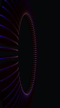 Side view of a purple neon spiral structure floating in a dark environment depicting advanced movement and digital energy flow