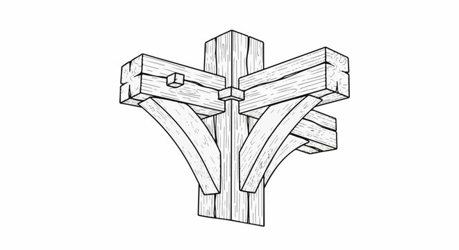 Detailed illustration of a complex wooden post and beam joinery