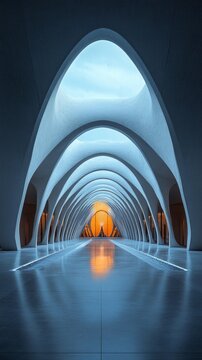 A futuristic corridor with arched vaults leads towards a bright light, creating a backdrop that lends itself to presentations on the architecture of the future and spiritual quests.