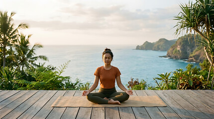 Fototapeta premium Young woman meditating in lotus position on a yoga mat.
