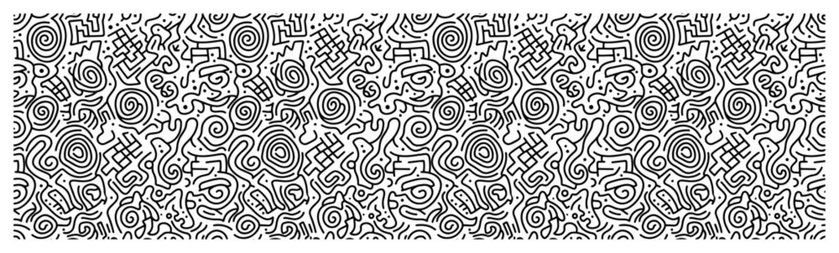 Abstract doodle border pattern with continuous line art and swirls in minimalist style