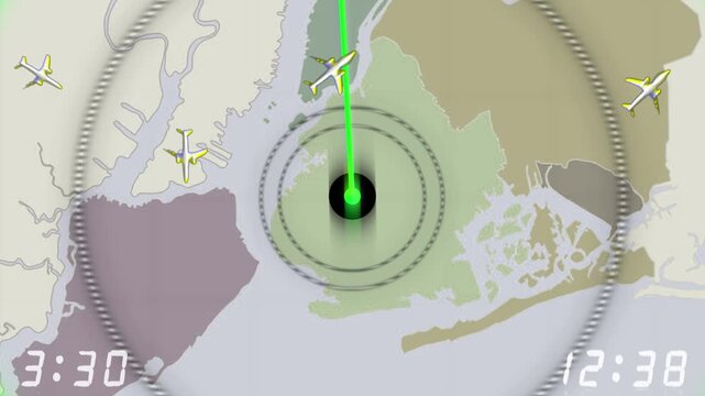 Aircraft, planes as seen on a simulated air traffic control monitor. Multiple aircraft symbols passing across screen with circular radar over a rough map of  the boroughs of New York City, New York. 