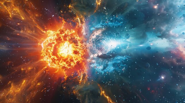 A cosmic explosion featuring a fireball and an icy planet &ndash; a dynamic backdrop for science fiction, games, or themes of destruction and creation.