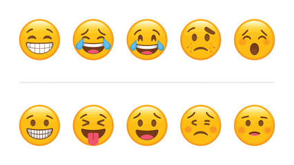 Fototapeta premium Emoji Expression Array: A curated assortment of yellow emojis, each vividly depicting a unique emotion, offering a versatile range of feelings. 