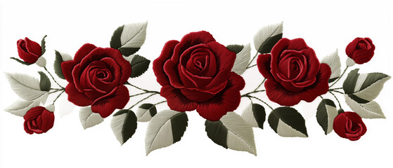 Naklejka premium Embroidery artwork featuring a symmetrical arrangement of red roses with green and white leaves and decorative vines. The central blooming rose is surrounded by smaller buds