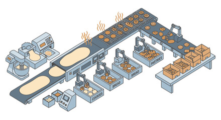 Obraz premium Automated cookie production line with robotic arms, mixers, ovens, and packaging stations.