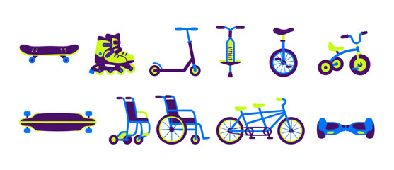 Personal Transportation Icons Set, Modern Flat Vector Design, Urban Mobility and Sport Vehicles Collection, Skateboards, Bicycles, Scooter, and Wheelchairs for City Travel or Recreational Activity Gra © Fernando