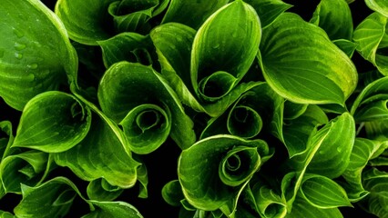 Lush Green Hosta Foliage Spirals with Raindrops © AndriHernawan