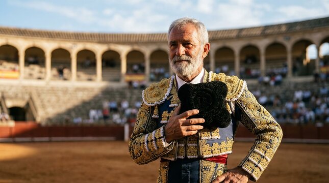 Senior matador in traditional costume holding hat in bullring arena, Spanish culture and heritage portrait in sunlight