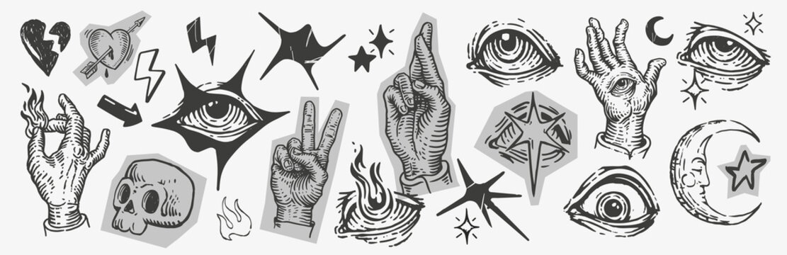 Blackwork tattoo flash set. Occult engravings with mystical eyes, memento mori skull, esoteric hand signs & celestial stars. Dark aesthetic vector for edgy streetwear.