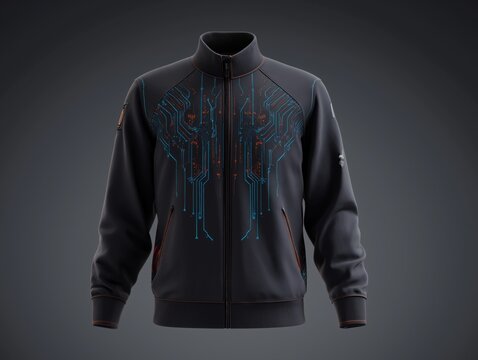 Modern dark zip up jacket featuring futuristic electronic circuit board patterns for stylish men clothing apparel