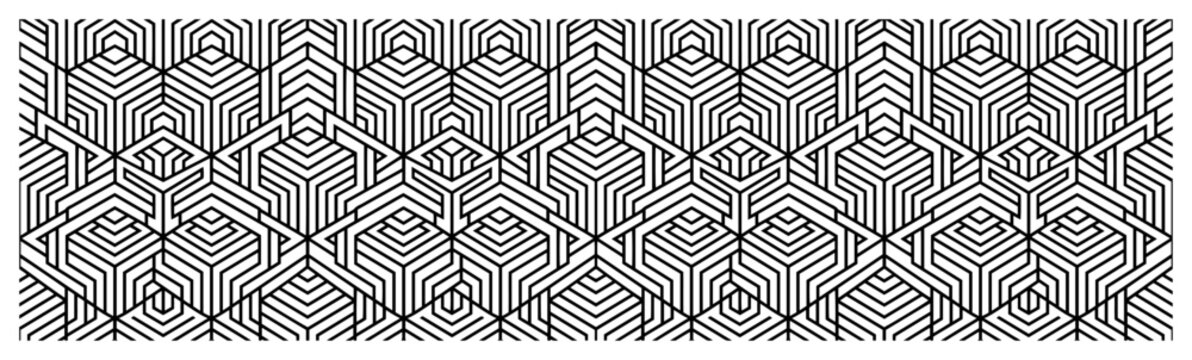 Isometric geometric pattern with 3D cube structures and architectural line art style