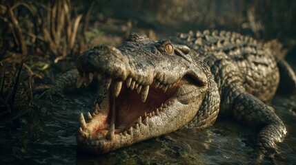 Obraz premium Crocodile with open mouth in murky water natural light