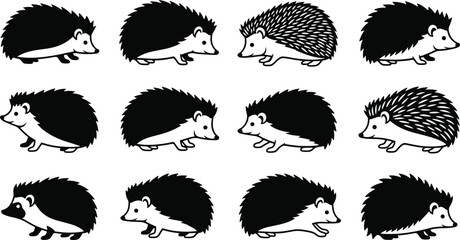 Hedgehog Silhouette Set in Various Poses, Black and White Vector Illustrations for Wildlife, Nature, and Animal Designs © Yousuf