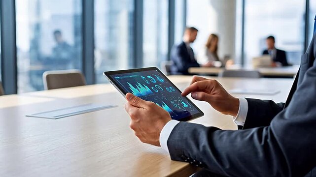 Businessman holding tablet with digital data charts analyzing stock market growth in modern office meeting room
