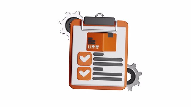 3d ux icon motion clipboard with a package checklist surrounded by gears. Suitable for logistics, inventory management, manufacturing and business process concepts.