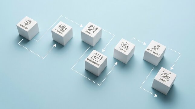 Cubes featuring labeled icons connected by thin white lines display a multi stage software development lifecycle roadmap from inception to final product deployment.