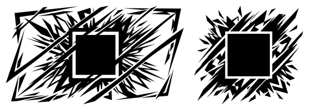 Aggressive shattering effect with sharp geometric shards and central square frame