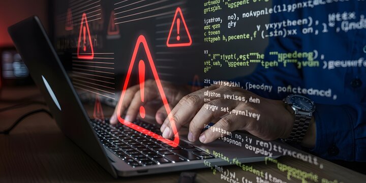 Cybersecurity Threat Alert Warning Icons Over a Person Using a Laptop with Code in the Background