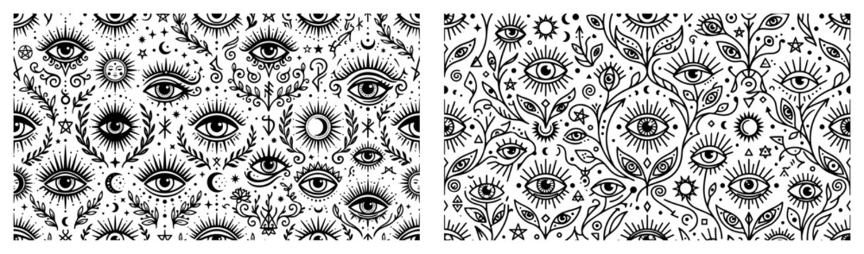 Mystical occult pattern with celestial eyes sun and moon in hand drawn style