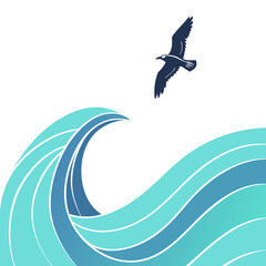 Obraz premium Ocean wave, seagull flying, blue gradient, vector illustration, beach background