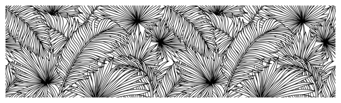 Tropical banana and palm leaves pattern in detailed line art style