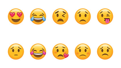 Fototapeta premium Emotional Spectrum: A set of ten emojis expressing a range of emotions from love to sadness. A visual guide to understanding human feelings and reactions.