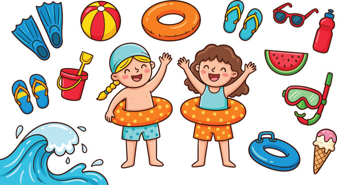 Cute kids summer vacation set with beach elements swimming children waves float toys flip flops and tropical fun illustration