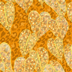 Tropical leaves on leopard skin seamless pattern  © AineGing