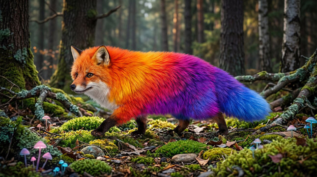 A colorful fox adding even more vibrancy to the forest. Abstract nature. It was created using artificial intelligence.
