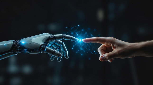 Human hand robotic hand glowing digital connection artificial intelligence technology concept