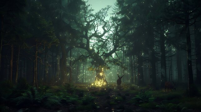 Dense foggy forest with tall pine trees, low visibility, green and gray tones