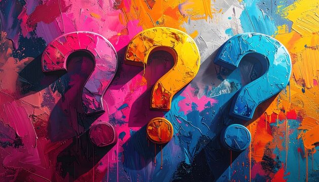 Three colorful question marks against a vibrant, textured abstract background