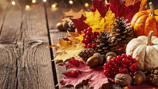 Autumn seasonal arrangement on a rustic wooden surface featuring colorful maple leaves, pine cones, acorns, red berries, walnuts, and pumpkins with warm bokeh lights in background.