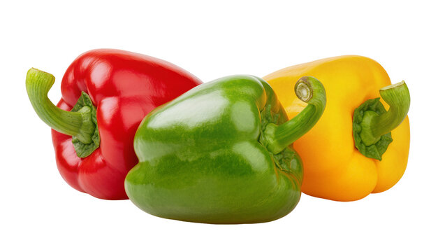 Red green yellow bell peppers with stems close-up